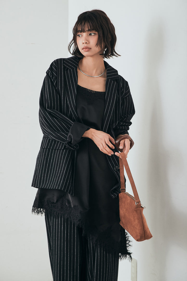 [SET]リネンライクストライプテーラードジャケット+リネンライクストライプタックイージーパンツ+サテンレースアシメキャミ(3set)