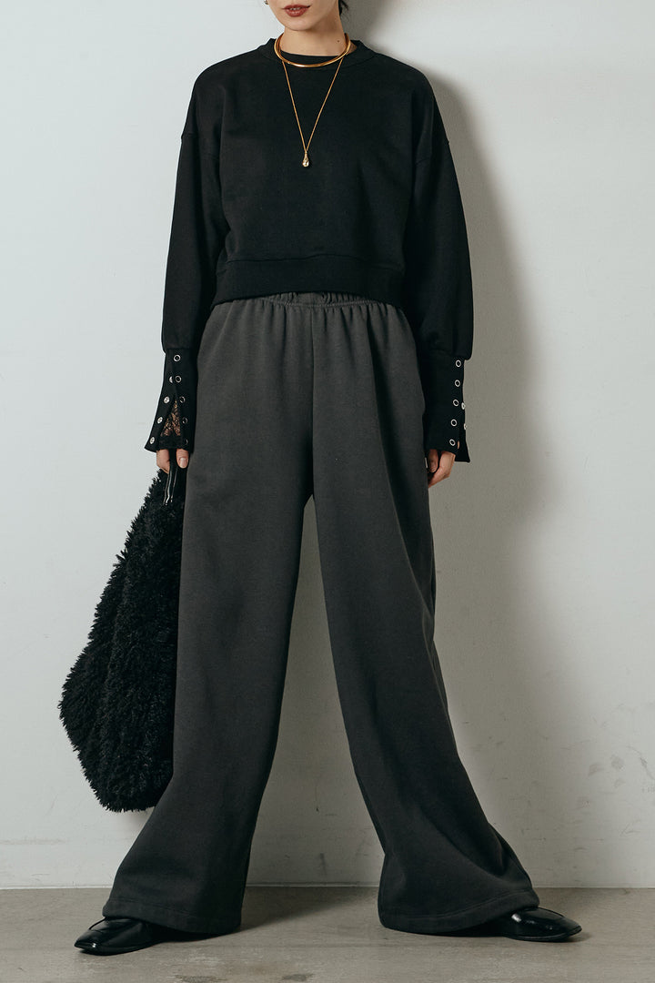 [SET]裏毛バックオープンプルオーバー+ストレッチレースクルーネックインナー+裏起毛スウェットワイドパンツ(3set)