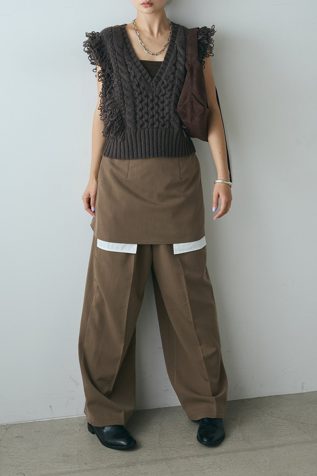 [SET]Vネックループフリンジニットベスト+ストレートパンツ＆ミニスカートセット(2set)