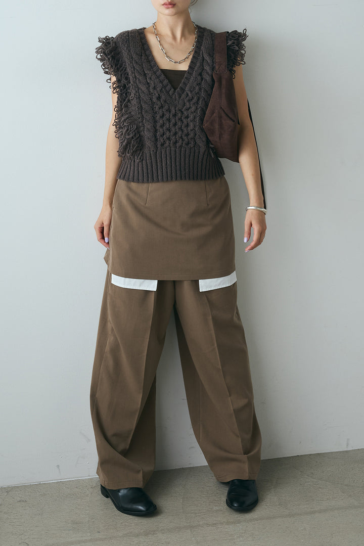[SET]Vネックループフリンジニットベスト+ストレートパンツ＆ミニスカートセット(2set)