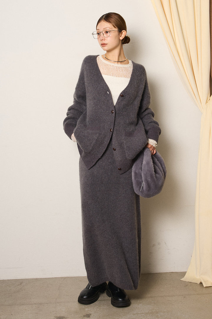 [SET]丸ボタン起毛ニットカーディガン+起毛ニットロングスカート+ストレッチレースクルーネックプルオーバー(3set)