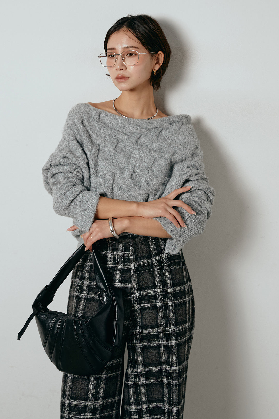 [SET]ボートネックニットトップス+ルーズタータンチェックワイドパンツ(2set)