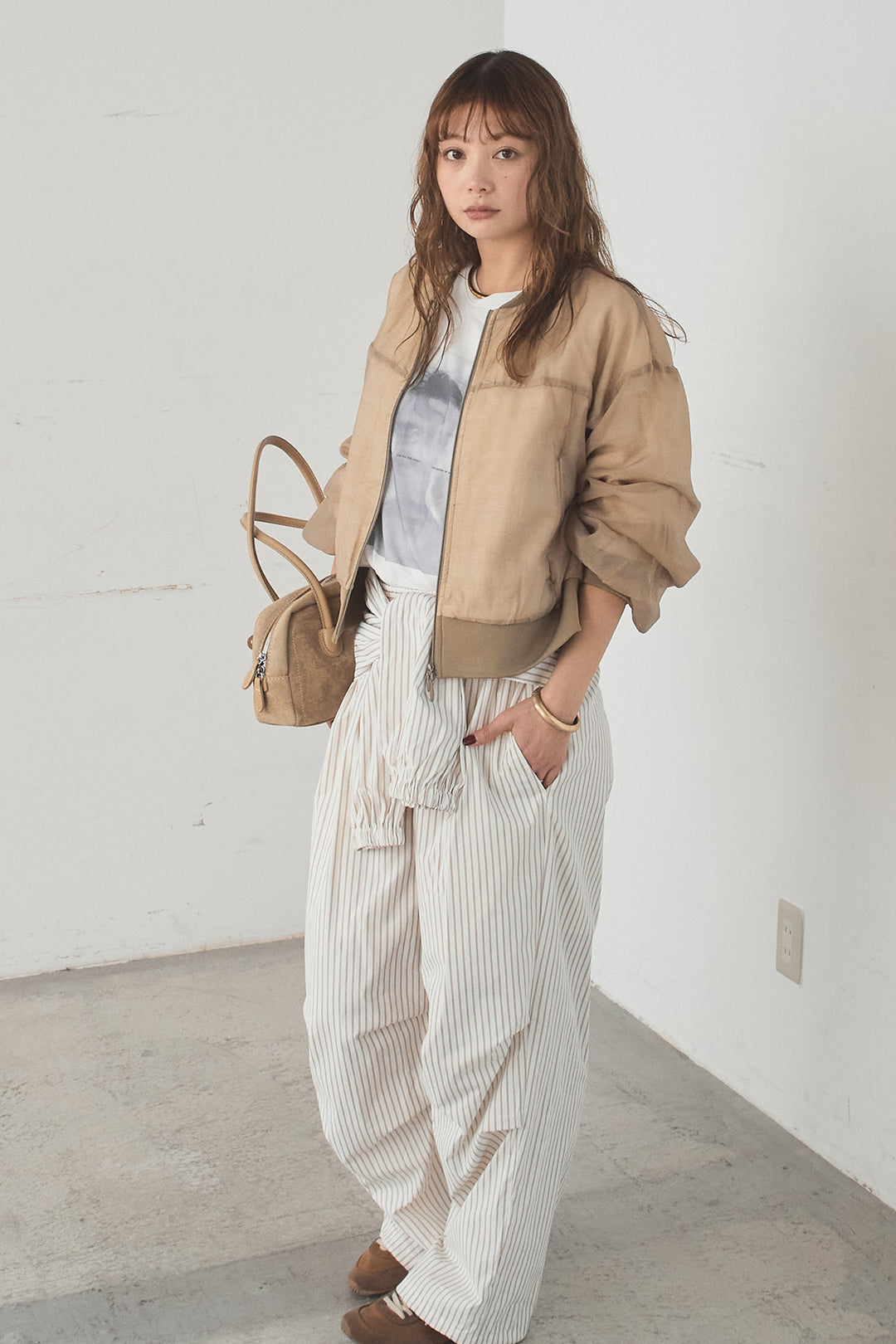 [SET]シアー×ポンチブルゾン+ストライプウエスト巻きジョガーパンツ(2set)