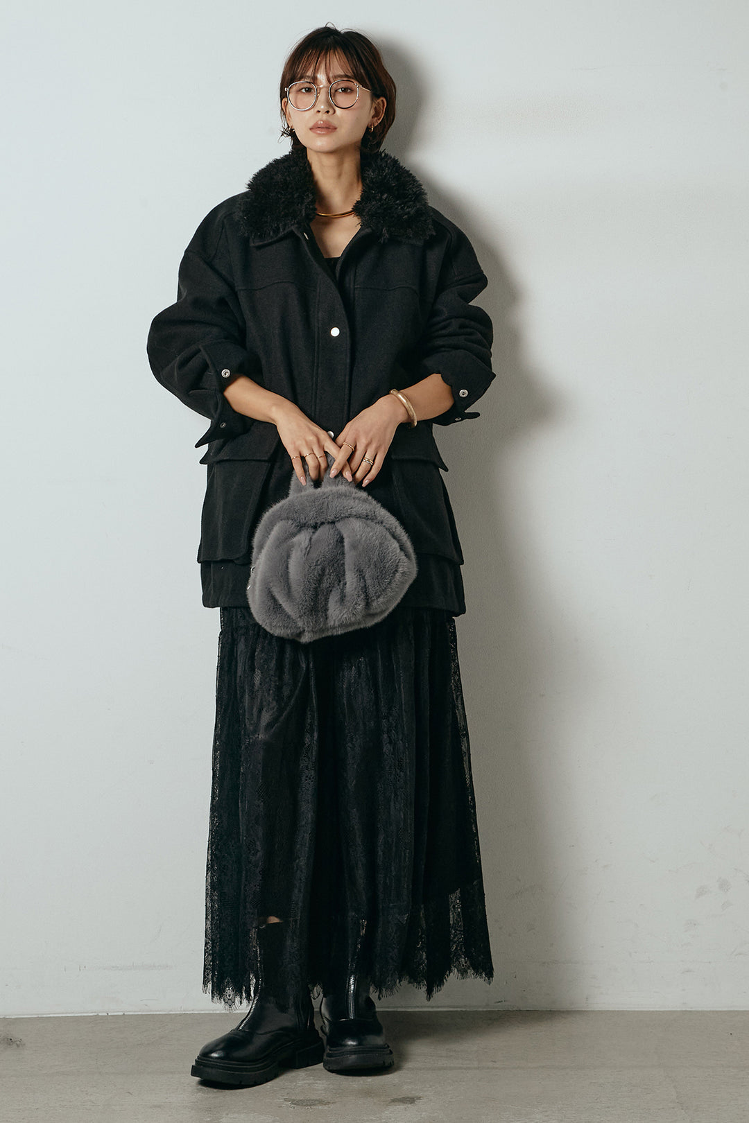 [SET]エコウール衿ファー薄中綿入りミドルカバーオール+ひげレース切替ロング丈スカート(2set)