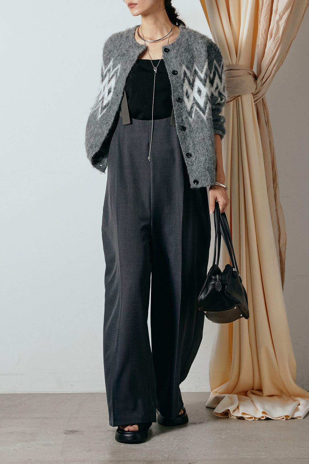 [SET]起毛ノルディック柄ニットカーディガン+ワイドツイルサロペット(2set)