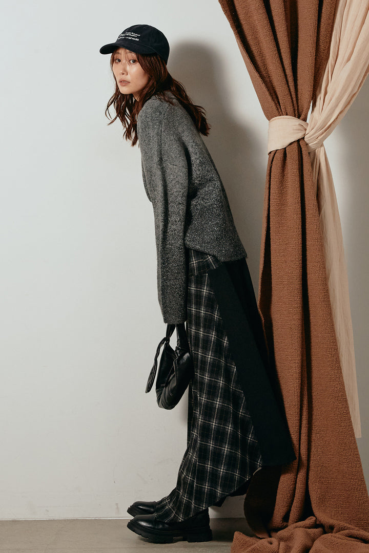 [SET]グラデーションラメニットキーネックプルオーバー+フェイクレザーベルト付き切り替えタータンチェックスカート(2set)