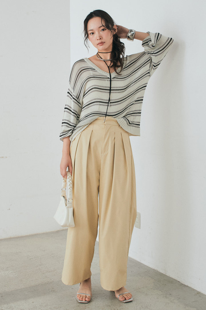 [SET]綿タッチVネックボーダートップス+ウォッシャブルエコレザータックパンツ(2set)