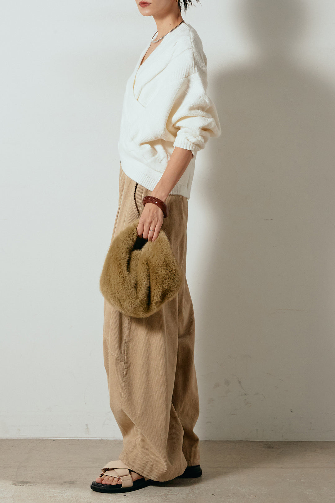 [SET]ケーブルカシュクールニットトップス+タック入りコーデュロイワイドパンツ(2set)