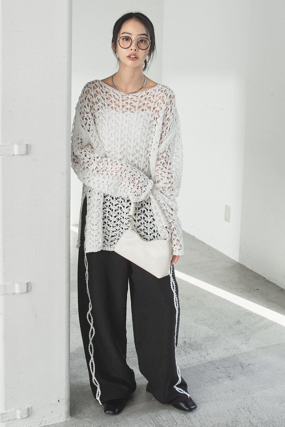 [SET]リラックスメッシュニットトップス+刺繡テープラインパンツ(2set)