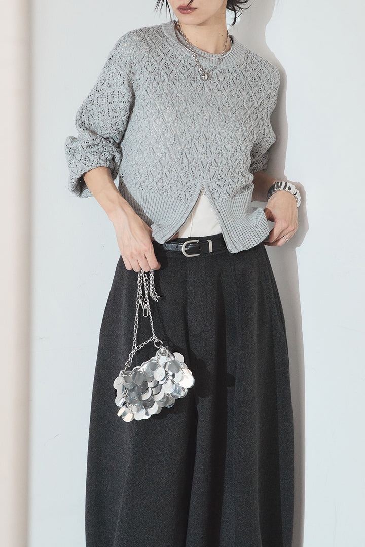 [SET]透かし編みニットジップスリットプルオーバー+ウールタッチカーブワイドパンツ(2set)