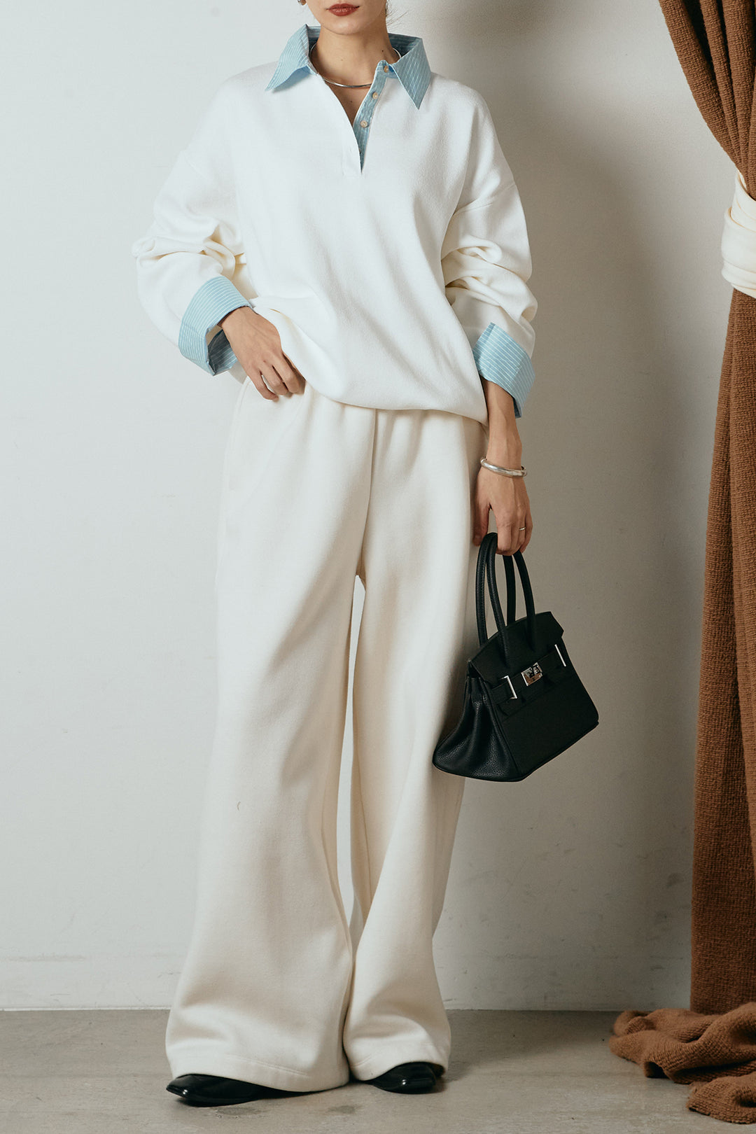 [SET]ストライプシャツドッキングポロトップス+裏起毛スウェットワイドパンツ(2set)