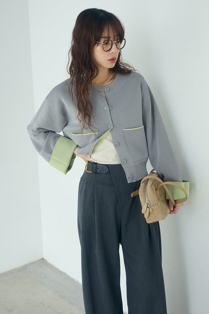 [SET]レーヨンポリダブルフェイスカーディガン+サイドベルトタック入りスラックス(2set)