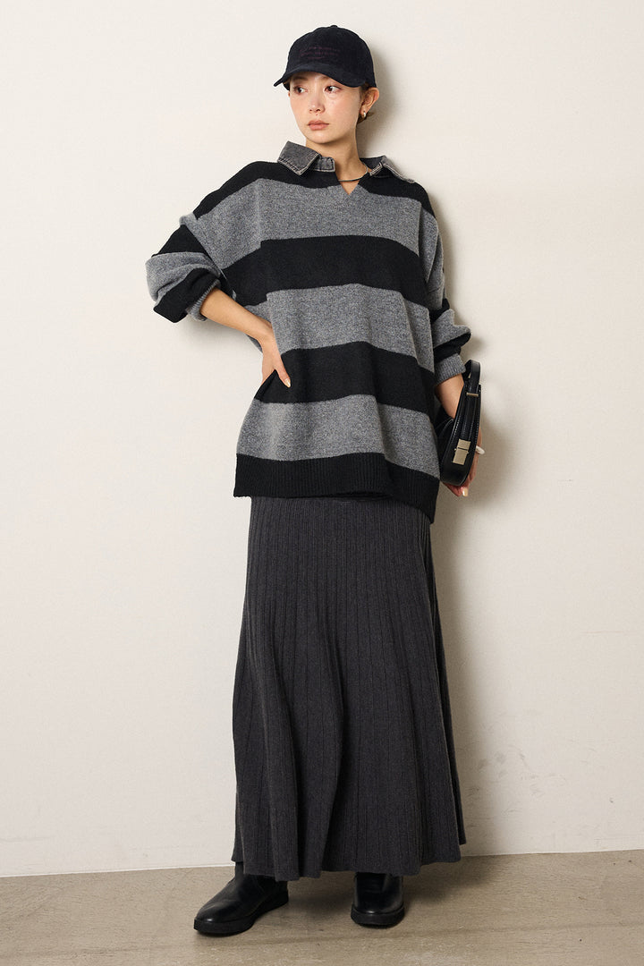 [SET]デニムカラーボーダールーズニット+編み地切り替えフレアニットスカート(2set)