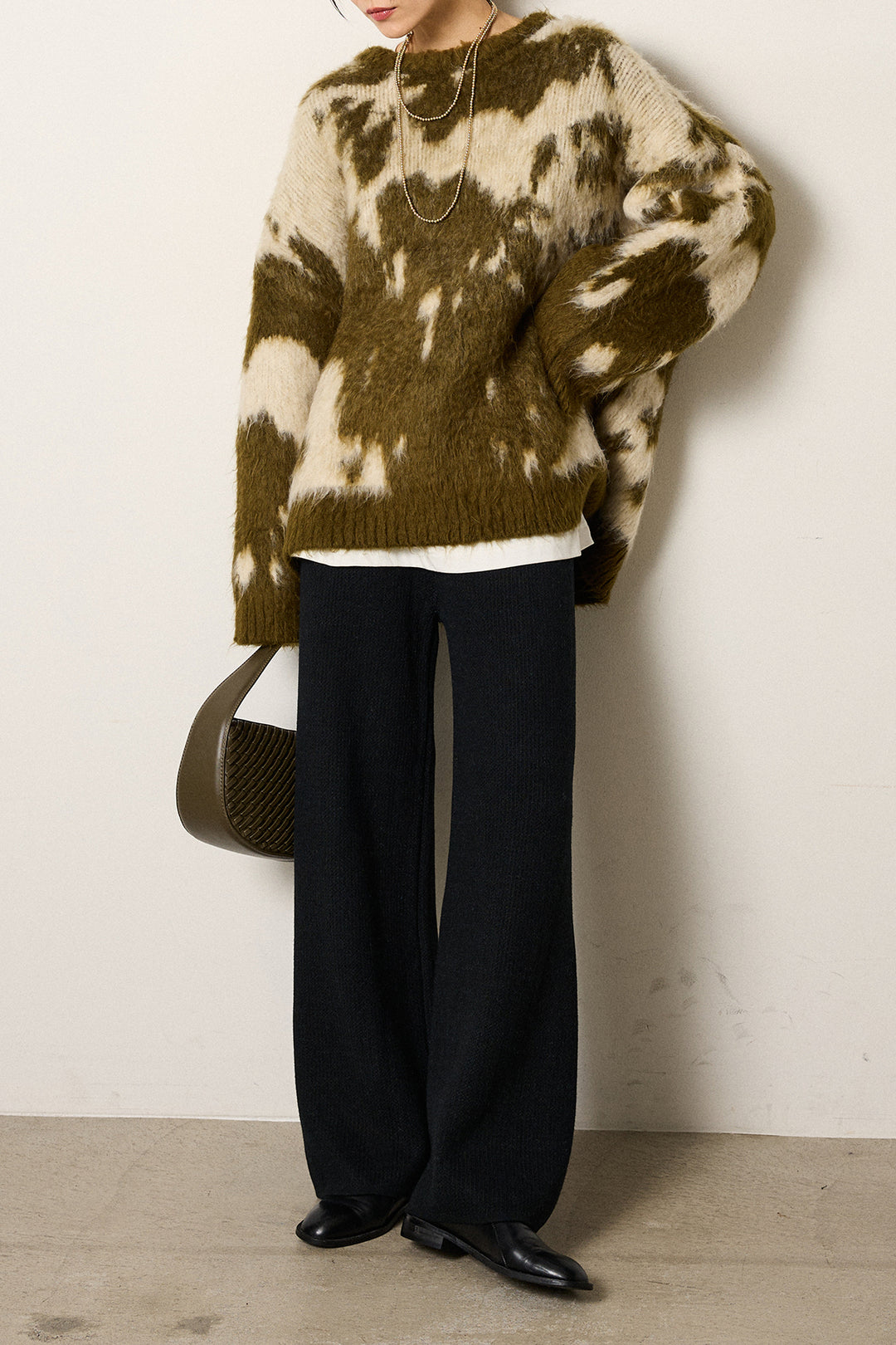 [SET]モヘアタッチマーブルニット+箔プリントBIGシルエットロングスリーブTシャツ+ワイドリブニットイージーパンツ(3set)