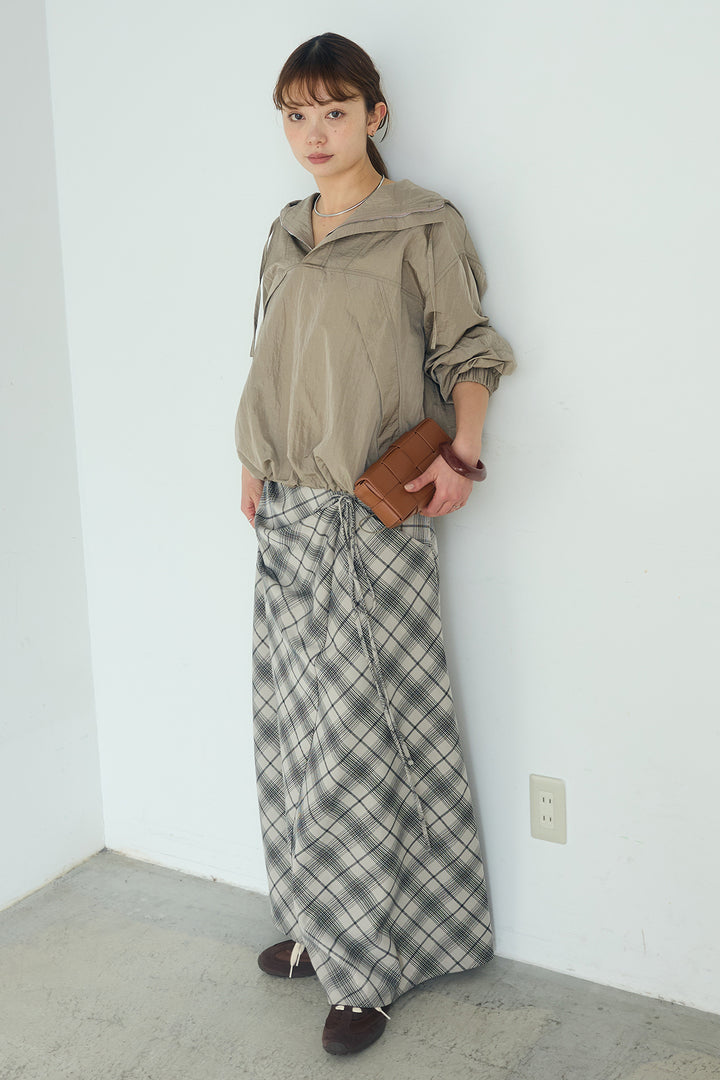 [SET]ナイロンフーディーブルゾンアウター+タータンチェック柄フロントデザインスカート(2set)