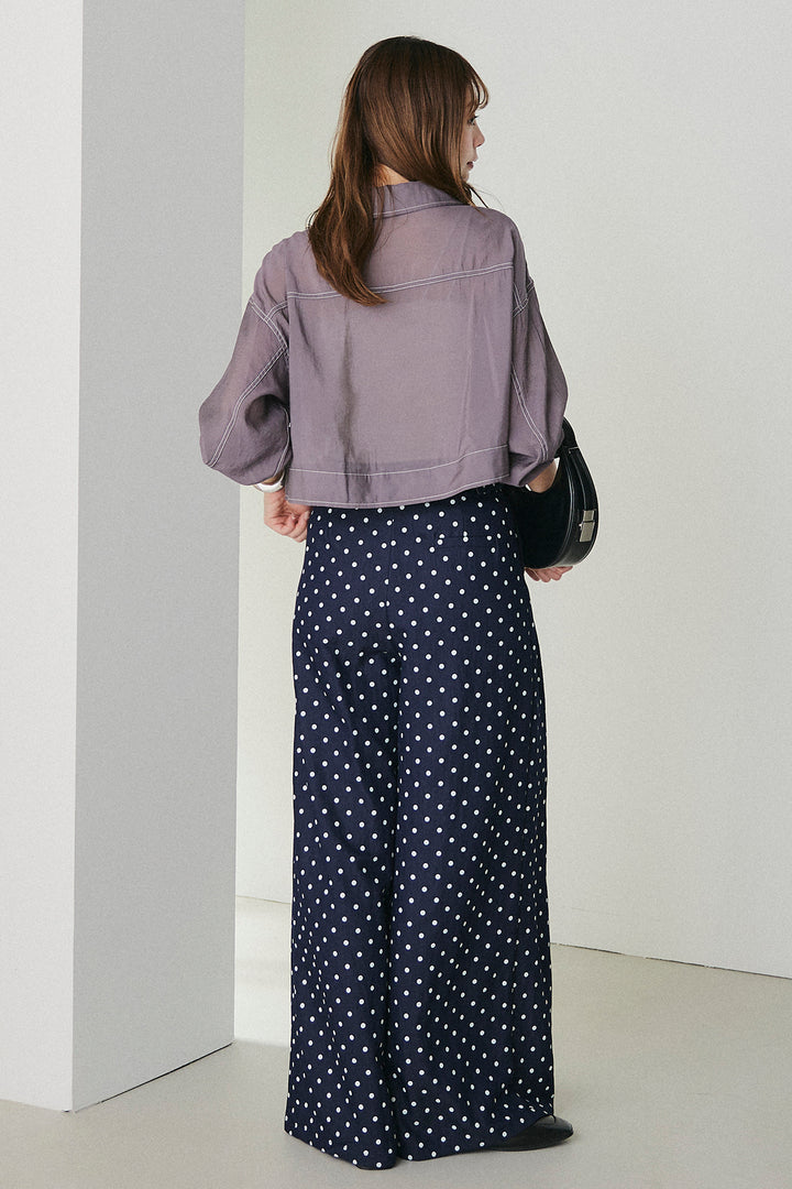 [SET]配色ステッチシアーシャツ+ベルト付きドット柄ワイドパンツ(2set)