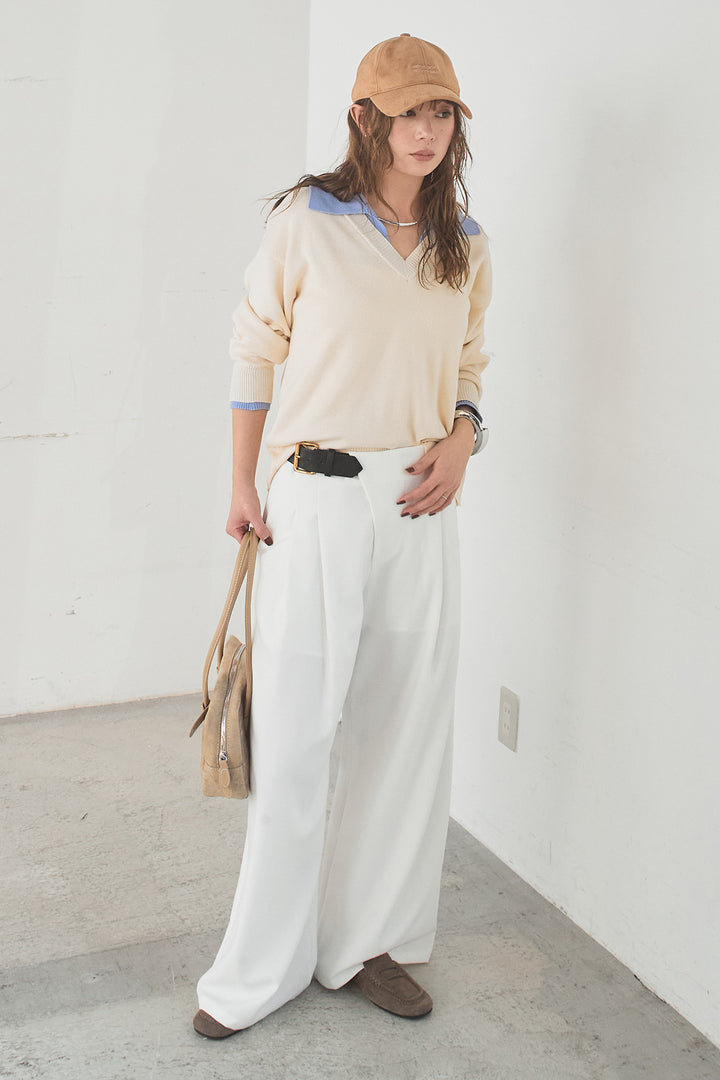 [SET]バイカラーニットレイヤード風プルオーバー+サイドベルトタック入りスラックス(2set)