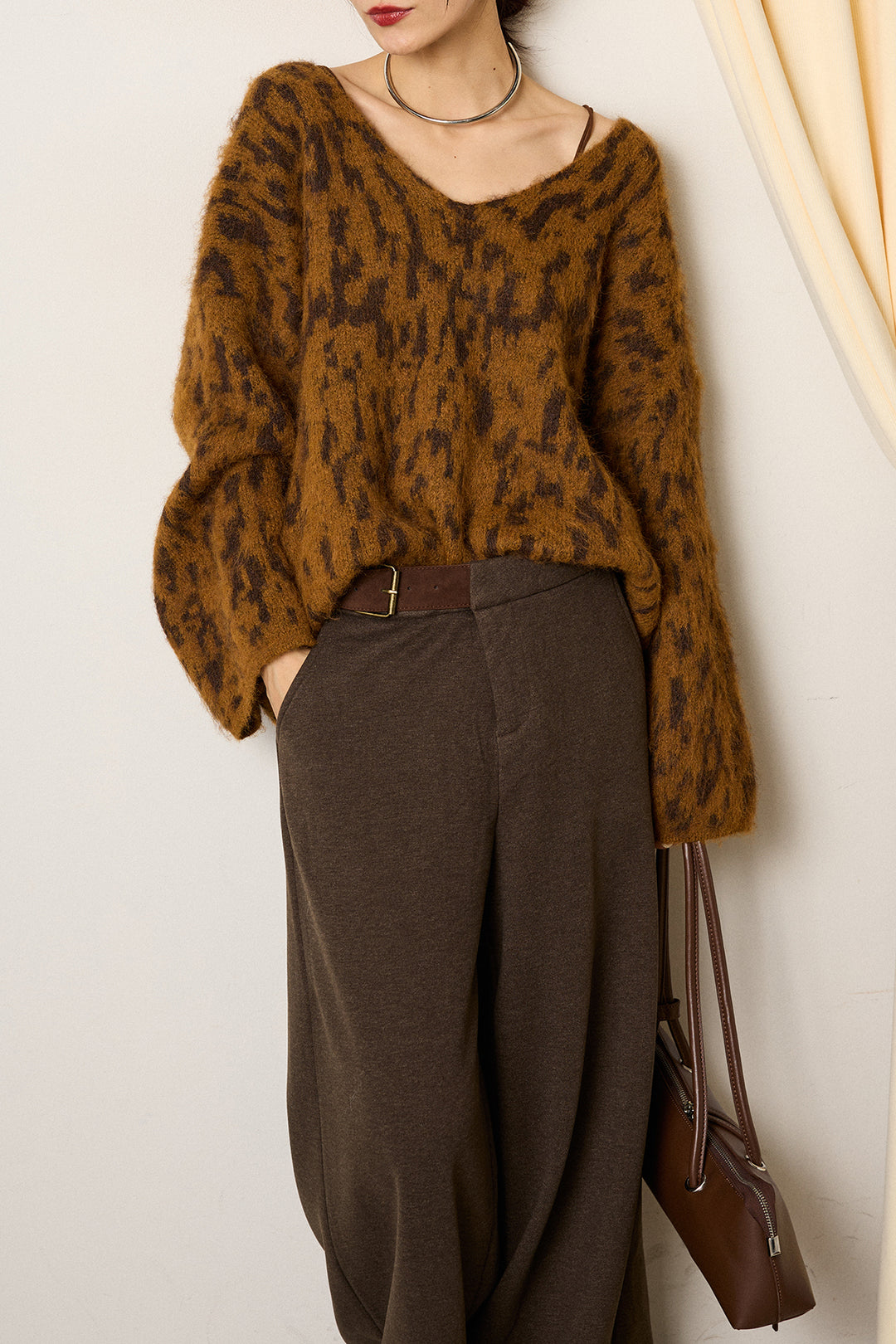 [SET]フラッフィーレオパードシャギーニット+サイドベルトパンツ(2set)