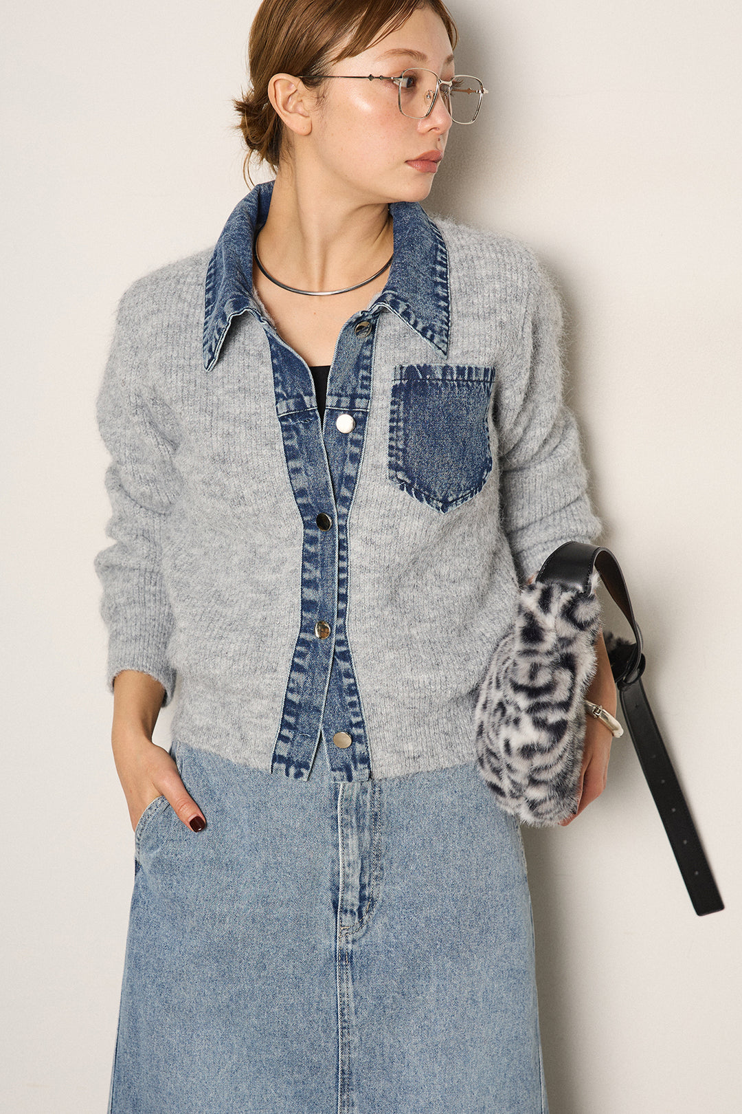 [SET]襟付きデニム切替ニットカーディガン+デニムロングフレアスカート(2set)