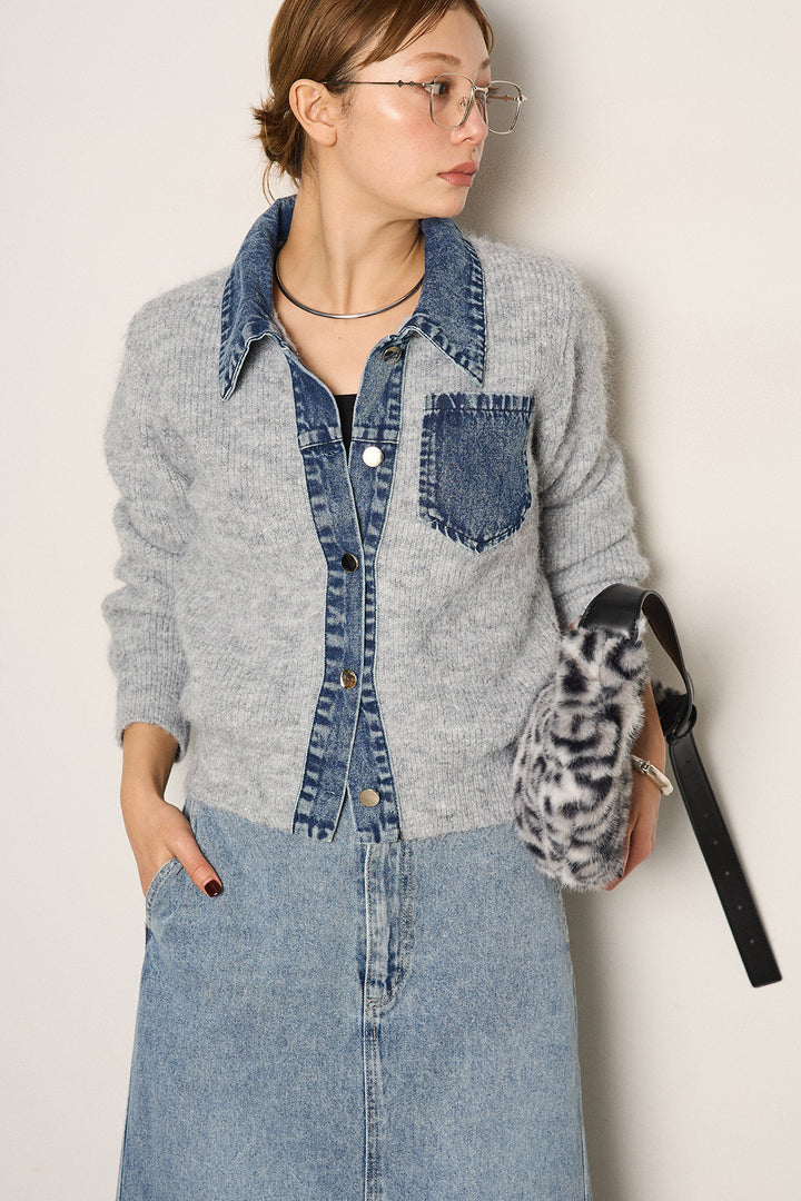 [SET]襟付きデニム切替ニットカーディガン+デニムロングフレアスカート(2set)