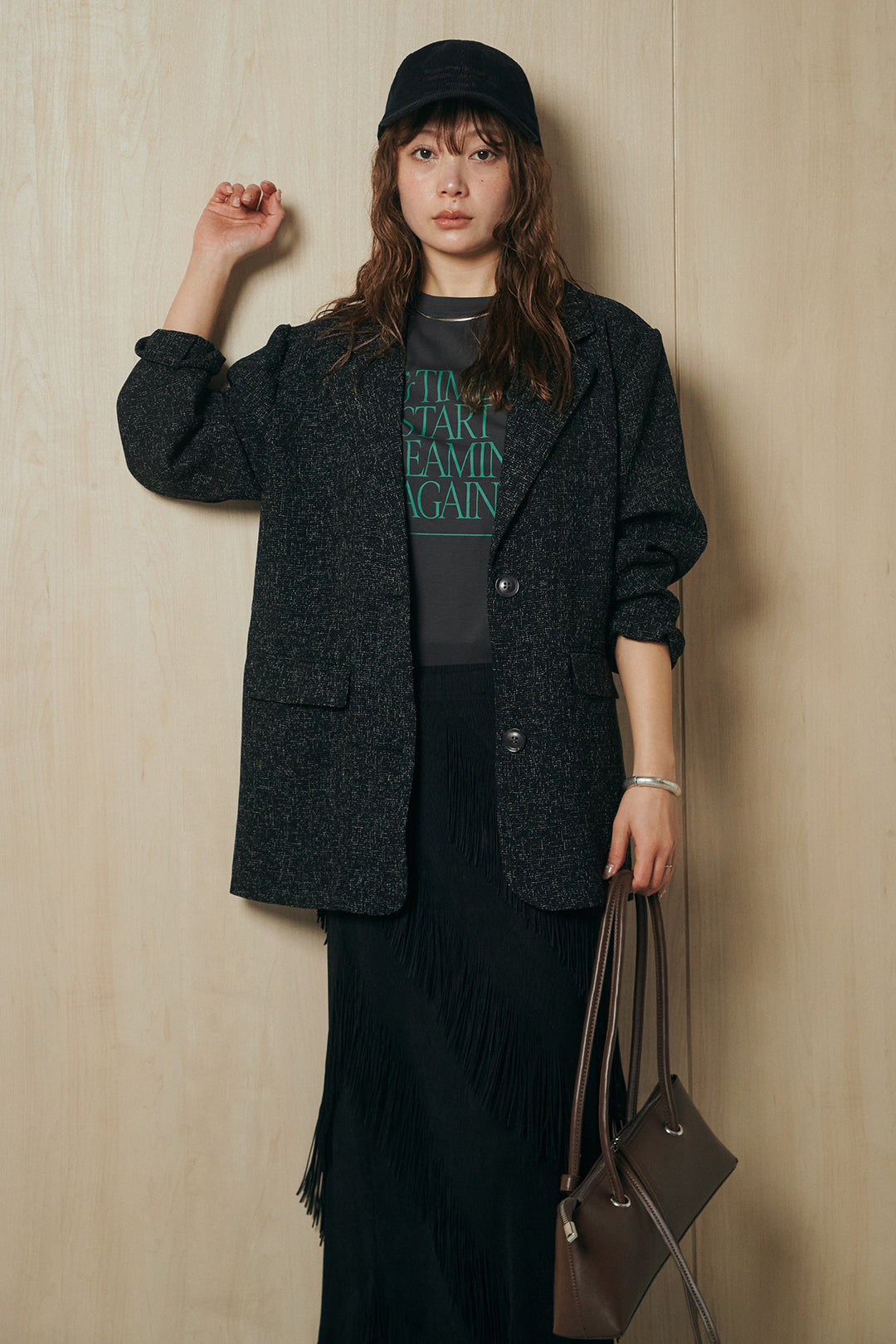 [SET]ミックスツイードベルト付きジャケット+斜めフリンジデザインスカート(2set)