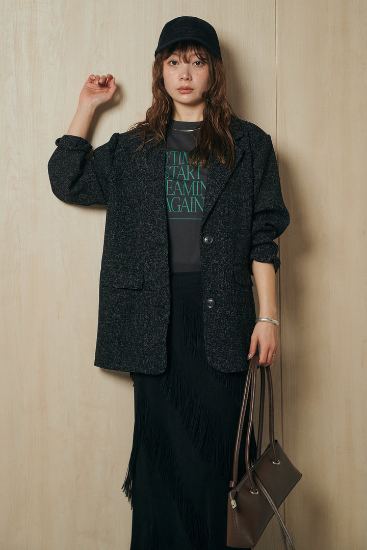 [SET]ミックスツイードベルト付きジャケット+斜めフリンジデザインスカート(2set)