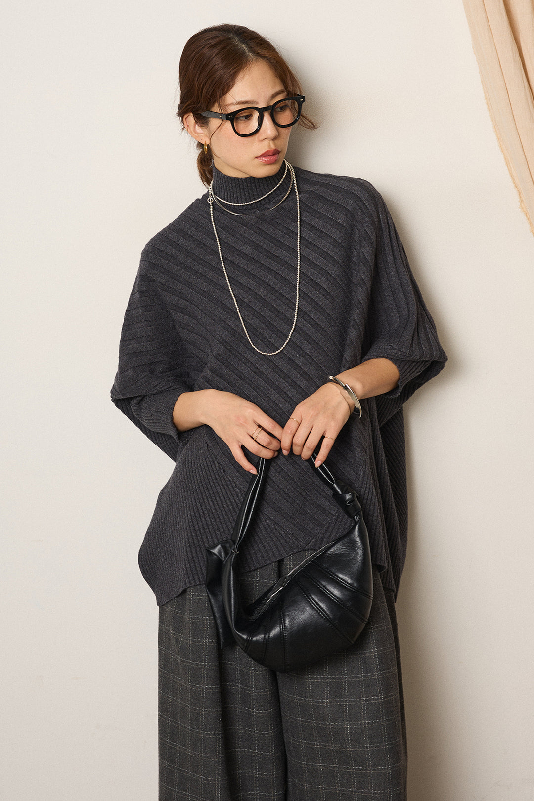 [SET]アシメデザインリブポンチョニットトップス+ウールライクチェックタックパンツ(2set)