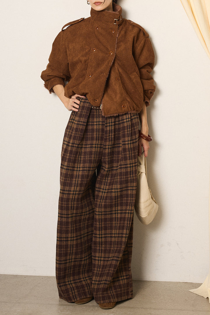 [SET]スタンド襟スウェードライクアウター+スタッズデザインベルトタータンチェックパンツ(2set)