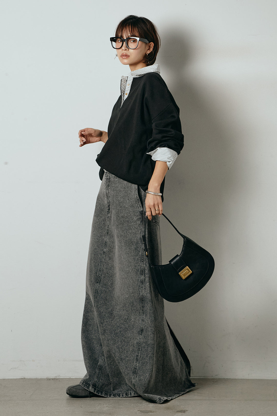 [SET]ストライプシャツドッキングポロトップス+デニムロングフレアスカート(2set)