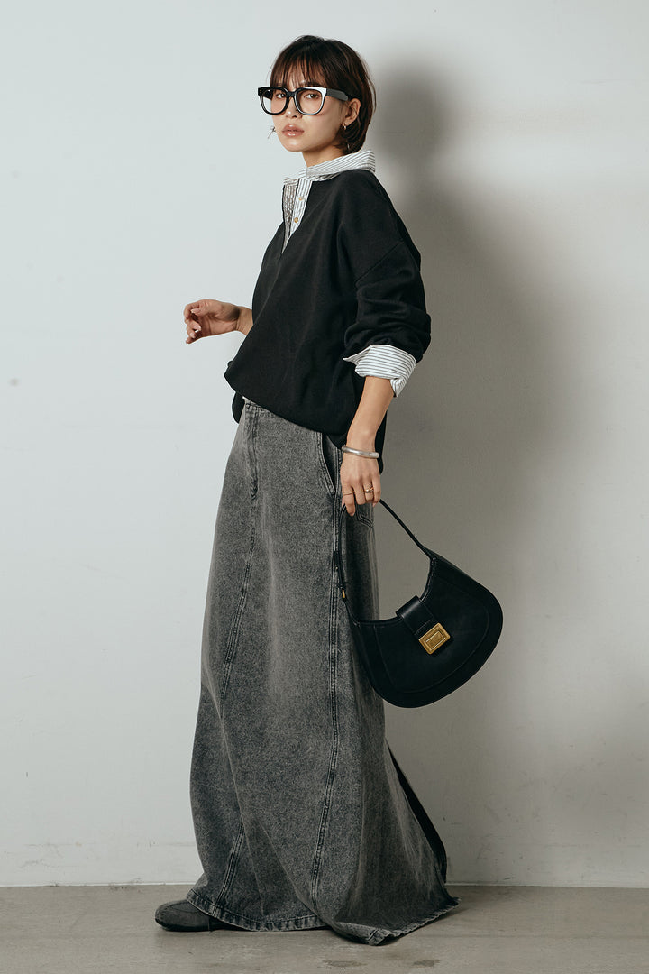 [SET]ストライプシャツドッキングポロトップス+デニムロングフレアスカート(2set)