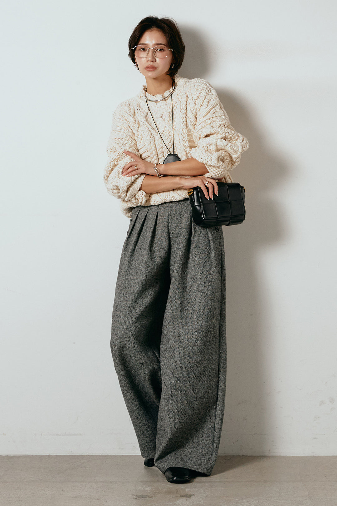 [SET]アラン柄ミックスケーブルニット+サイドボタンツイードタックパンツ(2set)