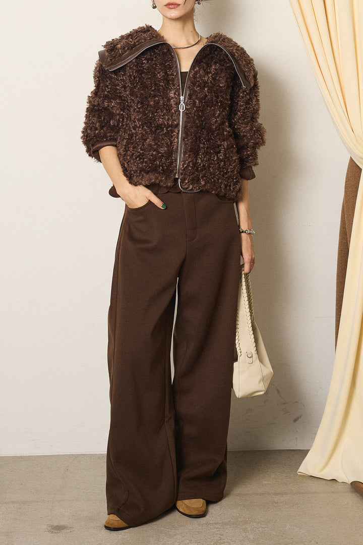 [SET]ビッグカラープードルボアアウター+編みベルト付きワイドパンツ(2set)