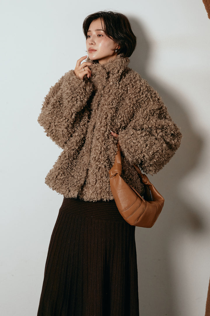 [SET]プードルファーミドルジャケット+編み地切り替えフレアニットスカート(2set)