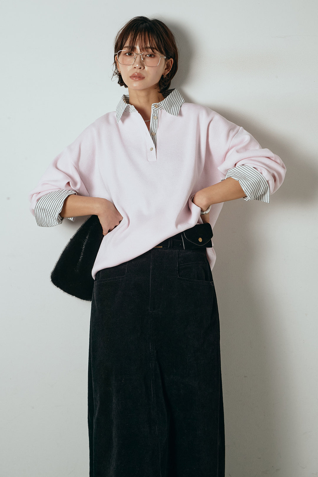 [SET]ストライプシャツドッキングポロトップス+ポーチベルト付きコーデュロイワイドスカート(2set)