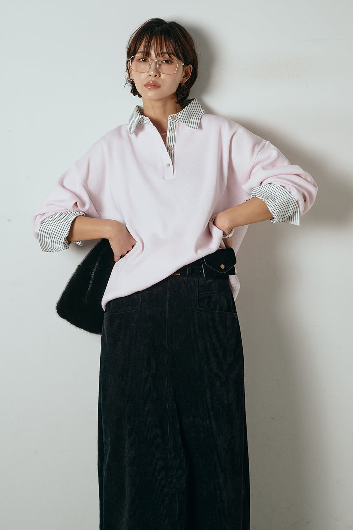 [SET]ストライプシャツドッキングポロトップス+ポーチベルト付きコーデュロイワイドスカート(2set)