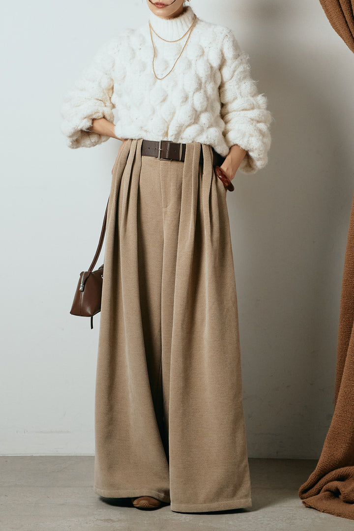 [SET]ボリュームポップコーンニットトップス+ベルトループコーデュロイワイドパンツ(2set)