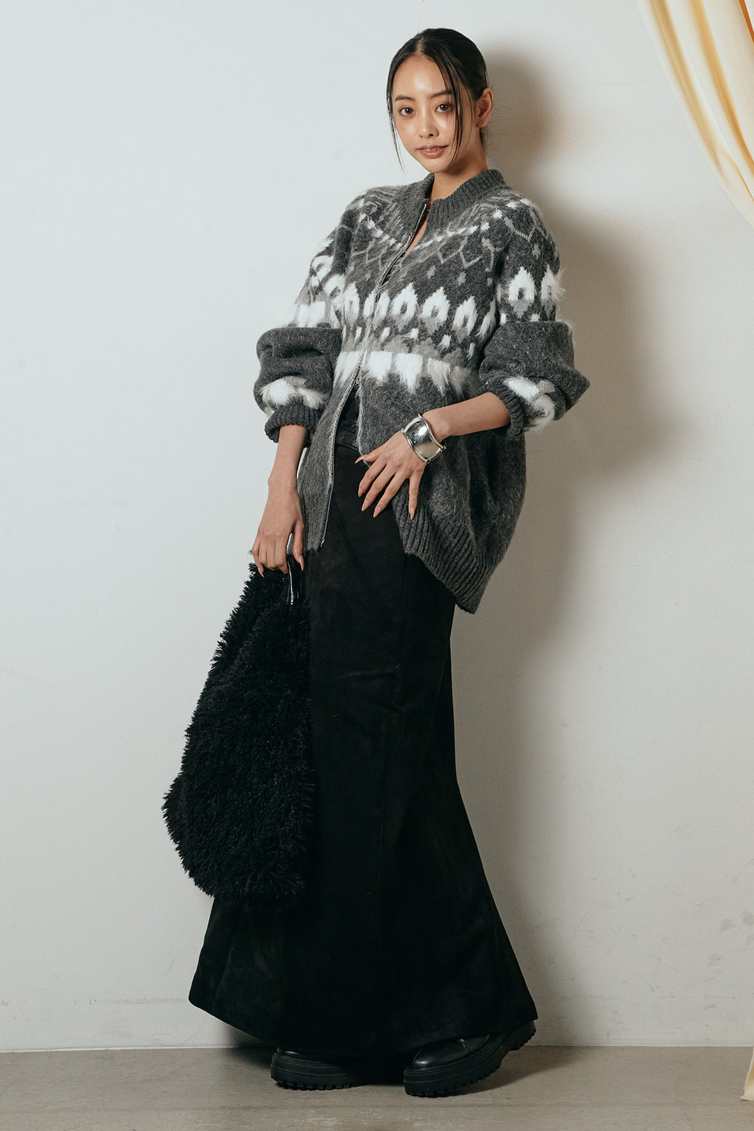 [SET]起毛ダブルジップパターンニットカーディガン+エコスウェードワイドスカート(2set)