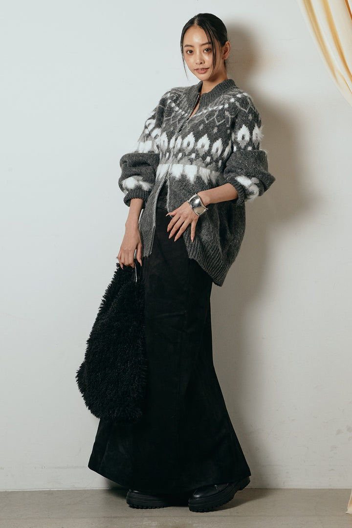 [SET]起毛ダブルジップパターンニットカーディガン+エコスウェードワイドスカート(2set)