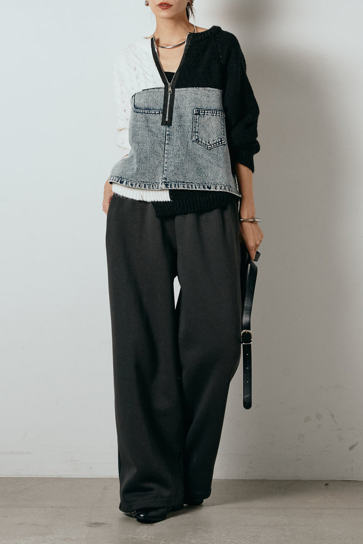 [SET]ハーフジップニットデニムドッキングトップス+裏起毛スウェットワイドパンツ(2set)