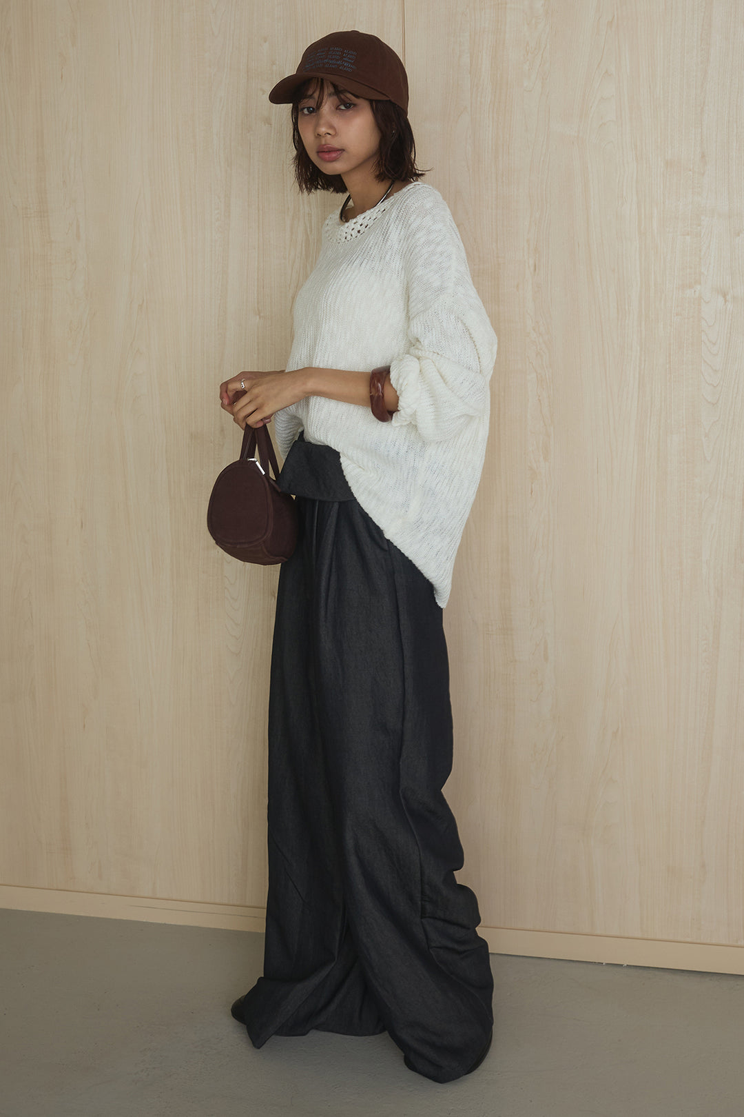[SET]ネック編みデザインニットトップス+ウエスト折り返しワイドパンツ(2set)