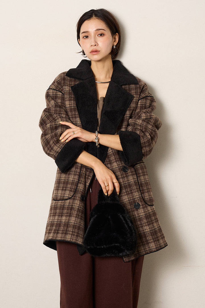 [SET]裏地ボアタータンチェック柄ミディアムコート+裏起毛スウェットワイドパンツ(2set)
