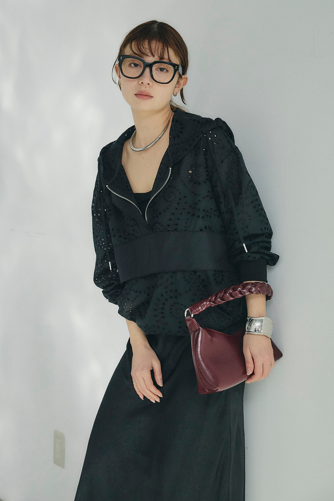 [SET]レースハーフジップアップフーディー+バイアスナローサテンスカート(2set)