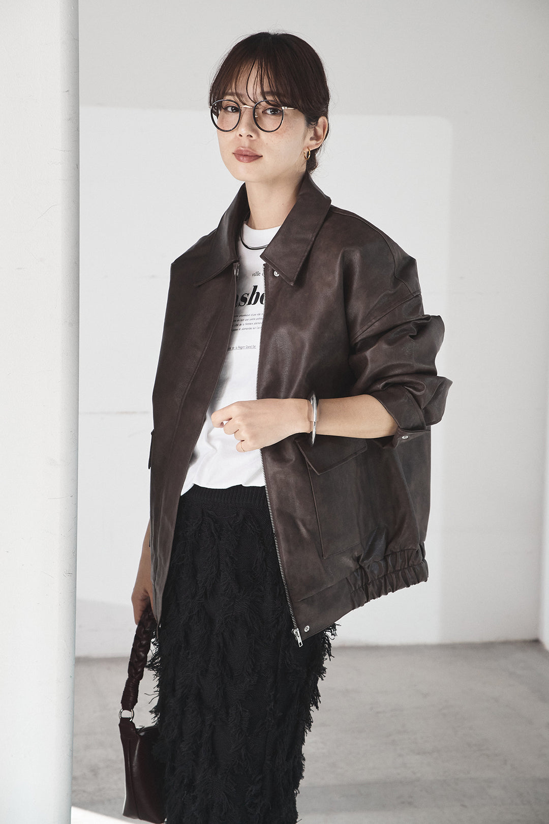 [SET]レザーライクオーバーサイズブルゾン+カットフリンジニットタイトスカート(2set)