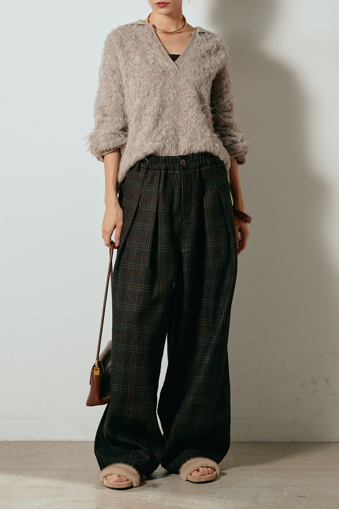 [SET]襟付きシャギーニットポロトップス+タータンチェック柄タックパンツ(2set)