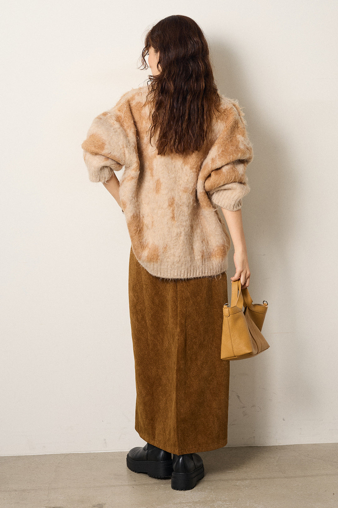 [SET]モヘアタッチマーブルニット+ロープベルト付きスウェード調スカート(2set)