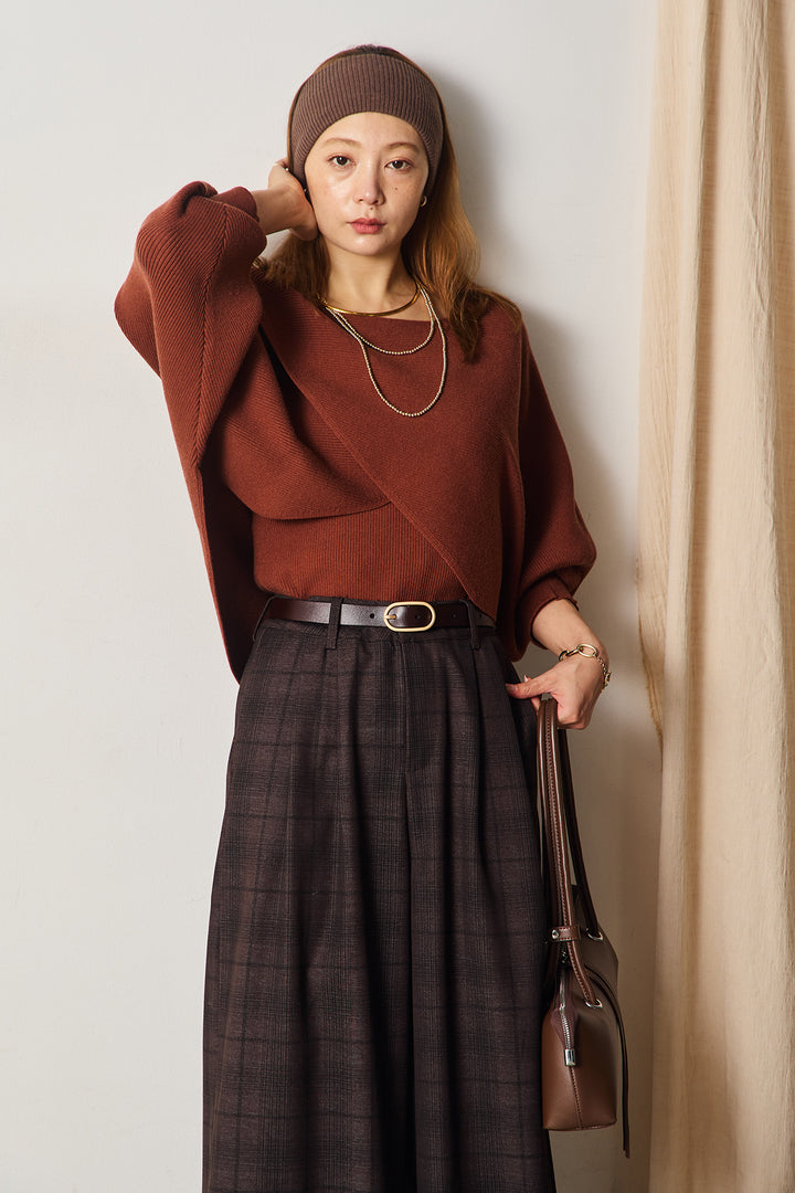 [SET]タンク付きクロスデザインニットプルオーバー+タック入りタータンチェックワイドパンツ(2set)