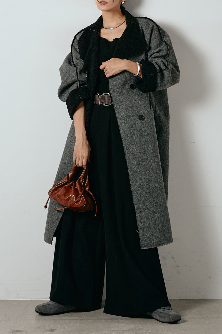 [SET]裏地ボアハイネックロングアウター+フェイクレザー太ベルト付きタックワイドパンツ(2set)
