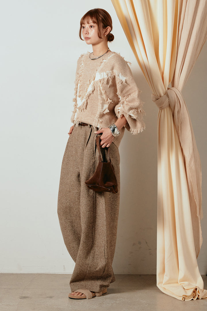 [SET]シャギージャガードニットトップス+ベルト付きネップツイードカーブパンツ(2set)