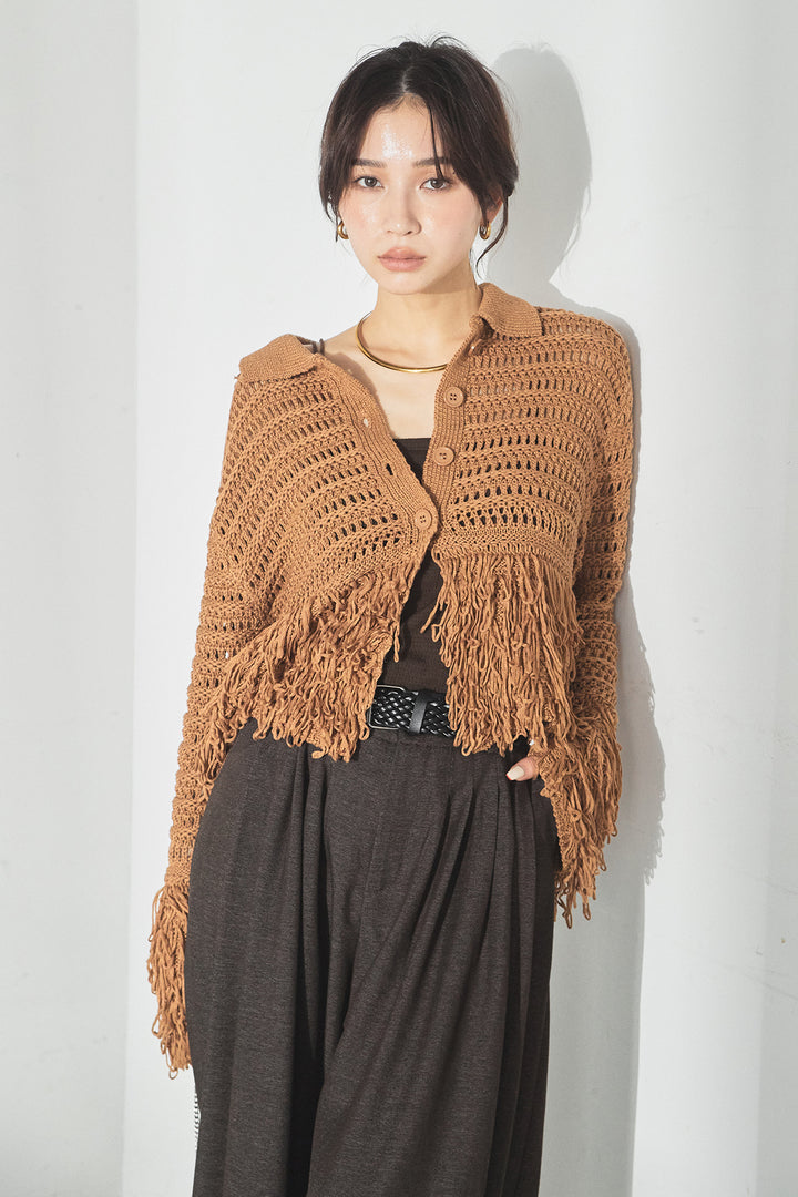 [SET]メッシュフリンジカーディガン+編みベルト付きウエストタックワイドパンツ(2set)
