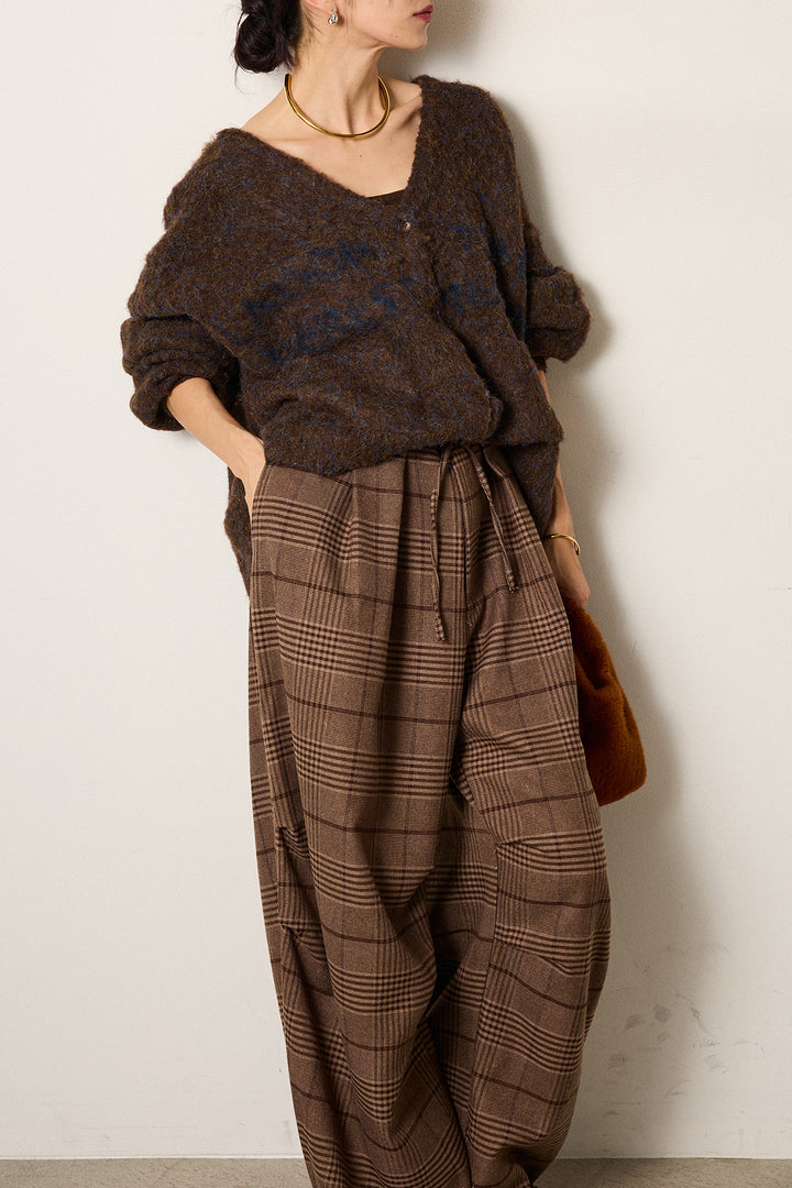 [SET]ウール混透かしロゴニットカーディガン+グレンチェックルーズタックパンツ(2set)